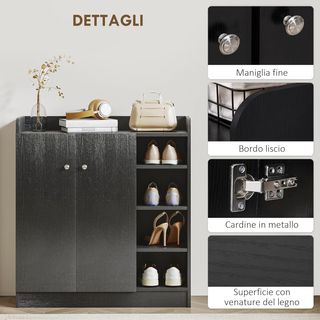 Zapatero di Ingresso con 4 Ripiani Aperti, Armadio Multiuso con 2 Ante e Ripiani Regolabili, Porta Scarpe Salvaspazio per 12 Paia, 83X30X90 Cm, Nero