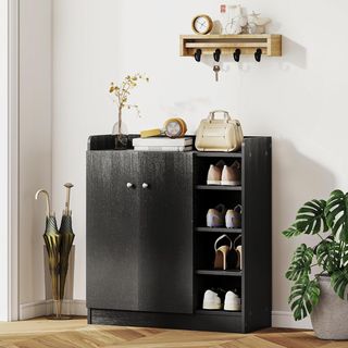 Zapatero di Ingresso con 4 Ripiani Aperti, Armadio Multiuso con 2 Ante e Ripiani Regolabili, Porta Scarpe Salvaspazio per 12 Paia, 83X30X90 Cm, Nero