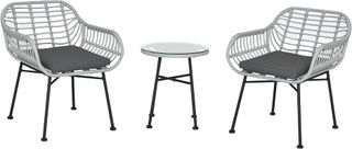 Set di Mobili da Giardino in Rattan PE, 3 Pezzi con 2 Sedie e Tavolo con Piano in Vetro per Terrazza e Bistro, Grigio