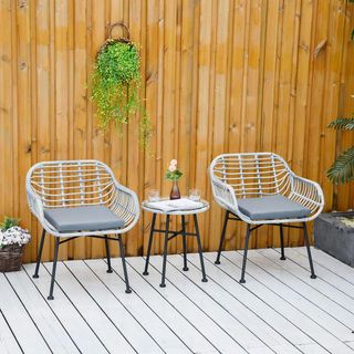 Set di Mobili da Giardino in Rattan PE, 3 Pezzi con 2 Sedie e Tavolo con Piano in Vetro per Terrazza e Bistro, Grigio