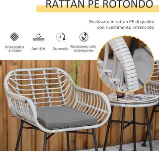 Set di Mobili da Giardino in Rattan PE, 3 Pezzi con 2 Sedie e Tavolo con Piano in Vetro per Terrazza e Bistro, Grigio
