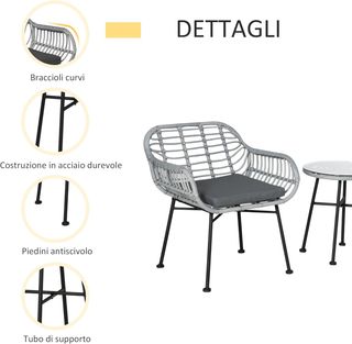 Set di Mobili da Giardino in Rattan PE, 3 Pezzi con 2 Sedie e Tavolo con Piano in Vetro per Terrazza e Bistro, Grigio