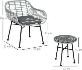 Set di Mobili da Giardino in Rattan PE, 3 Pezzi con 2 Sedie e Tavolo con Piano in Vetro per Terrazza e Bistro, Grigio