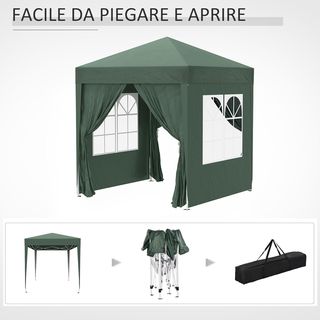 Gazebo 2x2 M Pop-Up Impermeabile Con 4 Pareti Rimovibili, Gazebo Pieghevole in Metallo e Poliestere Con Borsa di Trasporto, Verde