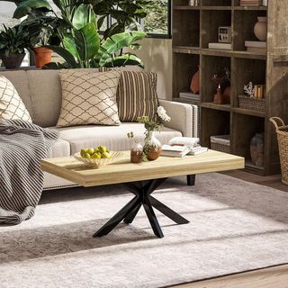 Mesa de Café en Estilo Industrial con Patas Cruzadas y Pies Antideslizantes, Mesa Baja de Madera y Acero, 110X60X45 Cm, Negra y Color Madera