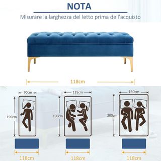 Panca imbottita per camera da letto con piedi in metallo, 118X45X42 cm, blu