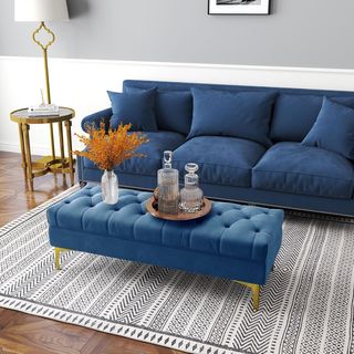 Panca imbottita per camera da letto con piedi in metallo, 118X45X42 cm, blu