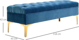 Panca imbottita per camera da letto con piedi in metallo, 118X45X42 cm, blu