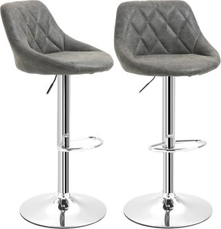 Set di 2 Sgabelli da Bar con Altezza Regolabile, Base in Metallo e Sedile in Similpelle, Sgabelli alti Moderni Girevoli con Schienale e Poggiapiedi 46X48X83-104Cm, Grigio Scuro e Argento