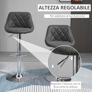 Set di 2 Sgabelli da Bar con Altezza Regolabile, Base in Metallo e Sedile in Similpelle, Sgabelli alti Moderni Girevoli con Schienale e Poggiapiedi 46X48X83-104Cm, Grigio Scuro e Argento