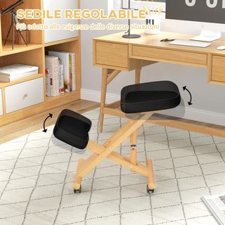 Sedia ergonomica con ginocchiera ad altezza regolabile, sedia posturale ergonomica per ufficio e casa, sgabello ergonomico con ginocchiera in legno con ruote, Nero