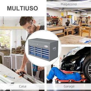 Caja de Herramientas Con 6 Cajones, Un Baúl Y 2 Llaves, Caja Portaherramientas de Acero Con Asas Laterales, 60X26X34 Cm. Azul