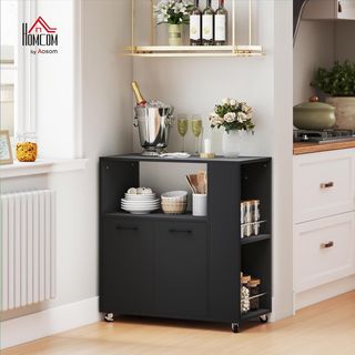 Carrello da Cucina con Scaffale Aperto, Armadio a 2 Ante e Scaffale Laterale a 2 Livelli, Carrello Multiuso con Scaffale Regolabile in Legno, 75X40X80.5 Cm, Nero
