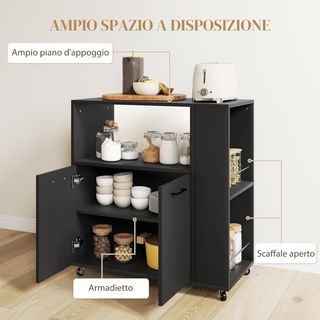 Carrello da Cucina con Scaffale Aperto, Armadio a 2 Ante e Scaffale Laterale a 2 Livelli, Carrello Multiuso con Scaffale Regolabile in Legno, 75X40X80.5 Cm, Nero