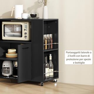 Carrello da Cucina con Scaffale Aperto, Armadio a 2 Ante e Scaffale Laterale a 2 Livelli, Carrello Multiuso con Scaffale Regolabile in Legno, 75X40X80.5 Cm, Nero