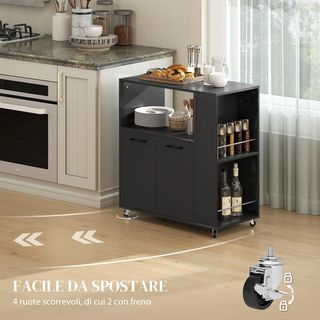 Carrello da Cucina con Scaffale Aperto, Armadio a 2 Ante e Scaffale Laterale a 2 Livelli, Carrello Multiuso con Scaffale Regolabile in Legno, 75X40X80.5 Cm, Nero