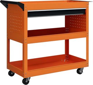 Carrello portautensili con manico e pannello laterale, cassetto e 3 ripiani, carrello da officina con 4 ruote (2 con freno) in lamiera d'acciaio per garage, 82X35X76 cm, arancione