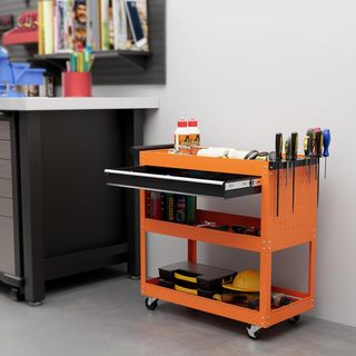 Carrello portautensili con manico e pannello laterale, cassetto e 3 ripiani, carrello da officina con 4 ruote (2 con freno) in lamiera d'acciaio per garage, 82X35X76 cm, arancione