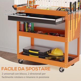 Carrello portautensili con manico e pannello laterale, cassetto e 3 ripiani, carrello da officina con 4 ruote (2 con freno) in lamiera d'acciaio per garage, 82X35X76 cm, arancione