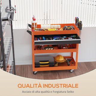 Carrello portautensili con manico e pannello laterale, cassetto e 3 ripiani, carrello da officina con 4 ruote (2 con freno) in lamiera d'acciaio per garage, 82X35X76 cm, arancione