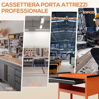 Carrello portautensili con manico e pannello laterale, cassetto e 3 ripiani, carrello da officina con 4 ruote (2 con freno) in lamiera d'acciaio per garage, 82X35X76 cm, arancione