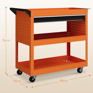 Carrello portautensili con manico e pannello laterale, cassetto e 3 ripiani, carrello da officina con 4 ruote (2 con freno) in lamiera d'acciaio per garage, 82X35X76 cm, arancione