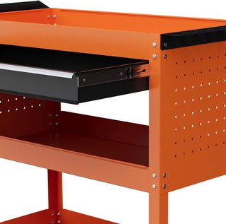 Carrello portautensili con manico e pannello laterale, cassetto e 3 ripiani, carrello da officina con 4 ruote (2 con freno) in lamiera d'acciaio per garage, 82X35X76 cm, arancione