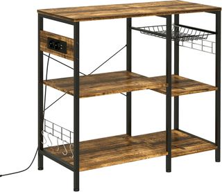 Mobile da Cucina con 3 Ripiani in Truciolato, Presa di Corrente, Porta USB e Cesto Estraibile in Metallo, 90X40X83Cm, Marrone Rustico