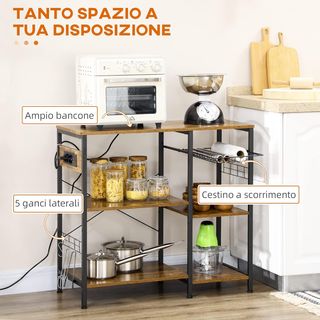 Mobile da Cucina con 3 Ripiani in Truciolato, Presa di Corrente, Porta USB e Cesto Estraibile in Metallo, 90X40X83Cm, Marrone Rustico