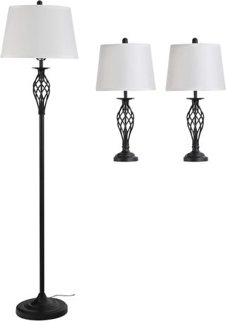 Set di 3 pezzi: 1 lampada da terra e 2 lampade da tavolo in metallo, design vintage, lampadine E27, nero e bianco