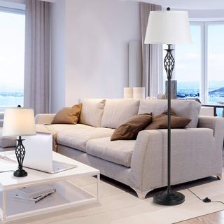 Set di 3 pezzi: 1 lampada da terra e 2 lampade da tavolo in metallo, design vintage, lampadine E27, nero e bianco