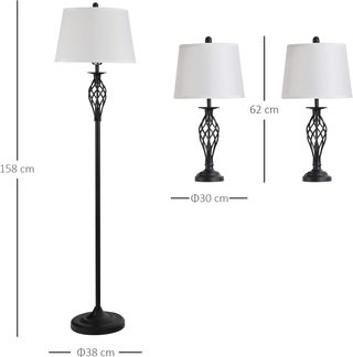 Set di 3 pezzi: 1 lampada da terra e 2 lampade da tavolo in metallo, design vintage, lampadine E27, nero e bianco