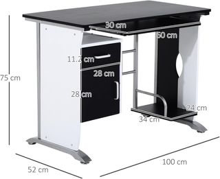 Scrivania per computer 100X52X75 cm in MDF e metallo, scrivania PC con mensola per tastiera, armadio e cassetto, bianco e nero