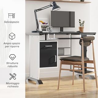 Scrivania per computer 100X52X75 cm in MDF e metallo, scrivania PC con mensola per tastiera, armadio e cassetto, bianco e nero