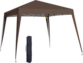 Gazebo pieghevole 2,4x2,4m, gazebo da giardino in acciaio, corde antivento e borsa per il trasporto, marrone