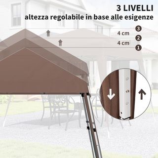 Gazebo pieghevole 2,4x2,4m, gazebo da giardino in acciaio, corde antivento e borsa per il trasporto, marrone