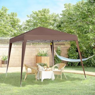 Gazebo pieghevole 2,4x2,4m, gazebo da giardino in acciaio, corde antivento e borsa per il trasporto, marrone