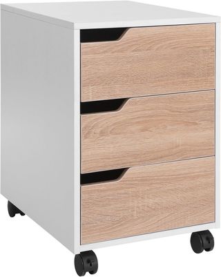 Archiviatore da ufficio con 3 cassetti e maniglie retraibili, armadio da ufficio con 4 ruote in legno e metallo, 40X50X57.5 cm, legno e bianco