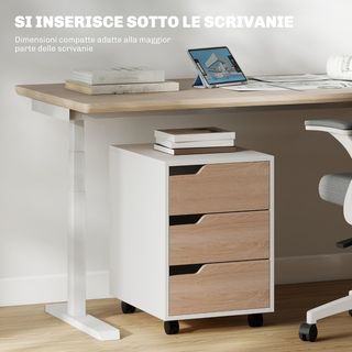 Archiviatore da ufficio con 3 cassetti e maniglie retraibili, armadio da ufficio con 4 ruote in legno e metallo, 40X50X57.5 cm, legno e bianco