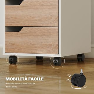 Archiviatore da ufficio con 3 cassetti e maniglie retraibili, armadio da ufficio con 4 ruote in legno e metallo, 40X50X57.5 cm, legno e bianco
