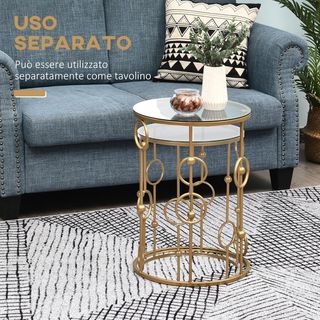 Set 2 Pezzi Tavolini da Caffè Design Elegante con Motivi a Cerchio, Metallo e Vetro Temperato Φ41X57Cm & Φ36X51Cm