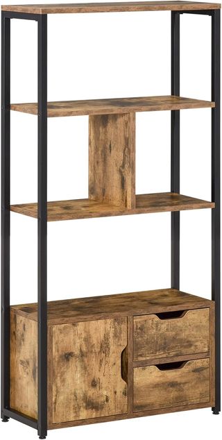 Mobile Libreria con 3 Ripiani, Armadio e 2 Cassetti, Libreria Stile Industriale in Agglomerato e Metallo, 58X24X122 Cm, Nero e Color Legno