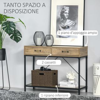 Tavolo Consolle Vintage in Metallo e Legno, Tavolino da Salotto con 2 Cassetti e Ripiano, Marrone