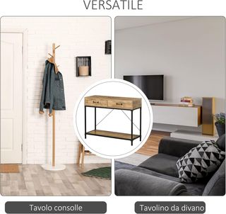 Tavolo Consolle Vintage in Metallo e Legno, Tavolino da Salotto con 2 Cassetti e Ripiano, Marrone