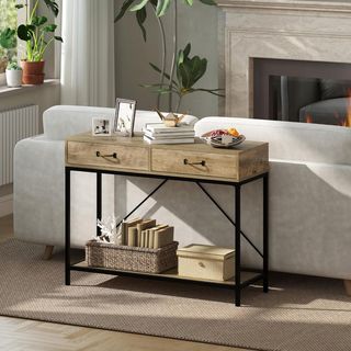 Tavolo Consolle Vintage in Metallo e Legno, Tavolino da Salotto con 2 Cassetti e Ripiano, Marrone