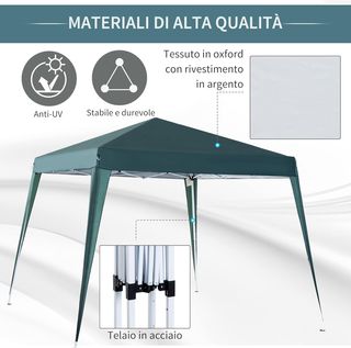 Gazebo Pieghevole da Giardino 2,4x2,4m, Struttura in Acciaio, Corde Antivento e Borsa Trasporto, Verde
