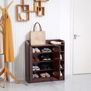 Zapatero di Ingresso con 4 Ripiani Aperti, Armadio Multiuso con 2 Ante e Ripiani Regolabili, Porta Scarpe Salvaspazio per 12 Paia, 83X30X90 Cm, Caffè