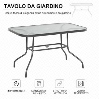 Tavolo da Giardino con Foro per Ombrellone, Mobili da Esterno in Metallo e Vetro 120X80X70Cm Grigio