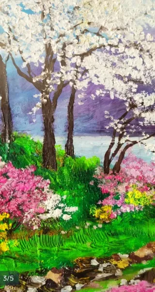 Cuadro paisaje con lago y almendros en flor