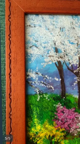 Cuadro paisaje con lago y almendros en flor